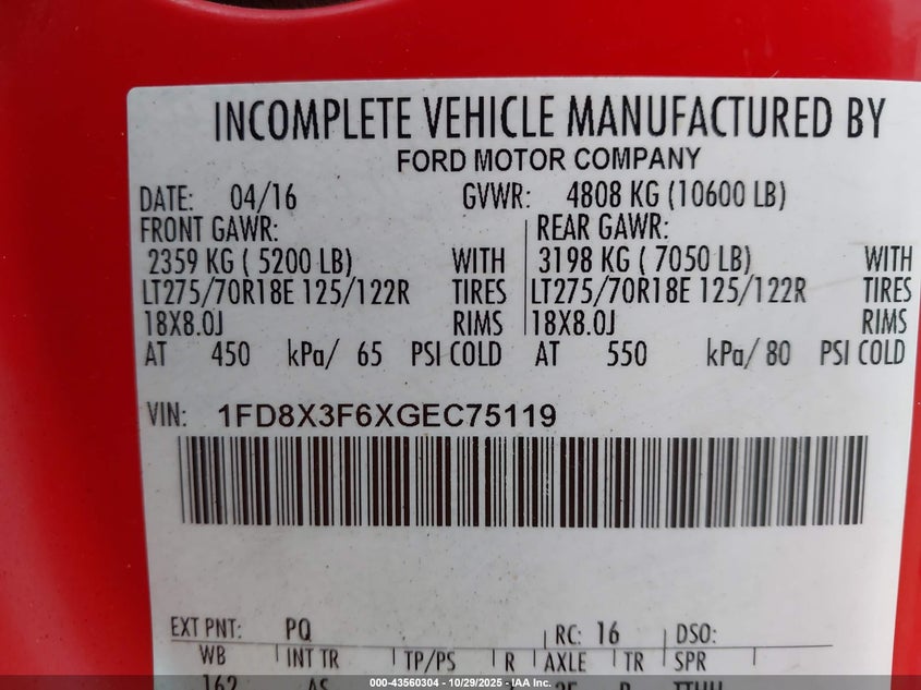 2016 Ford F-350 Chassis Xl VIN: 1FD8X3F6XGEC75119 Lot: 43560304