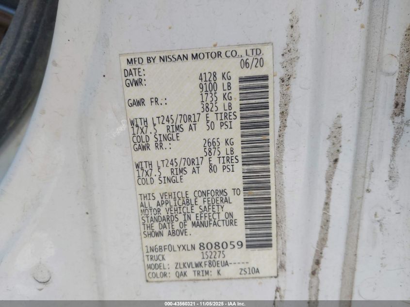 2020 Nissan Nv Cargo Nv2500 Hd S High Roof V6 VIN: 1N6BF0LYXLN808059 Lot: 43560321