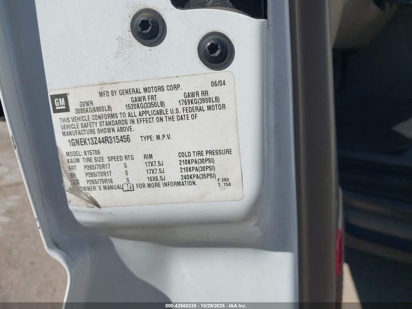 2004 Chevrolet Tahoe Z71 VIN: 1GNEK13Z44R315456 Lot: 43560338