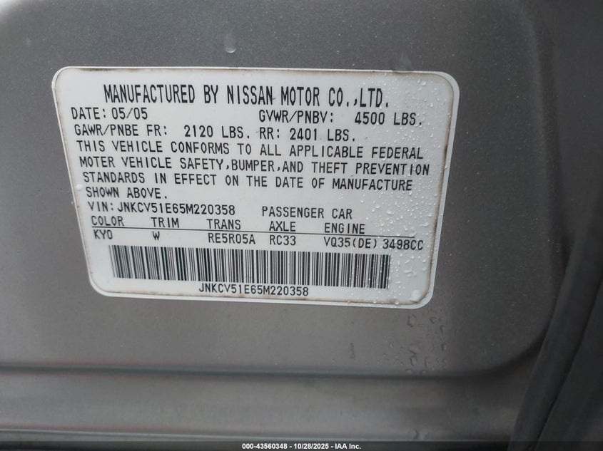 2005 Infiniti G35 VIN: JNKCV51E65M220358 Lot: 43560348