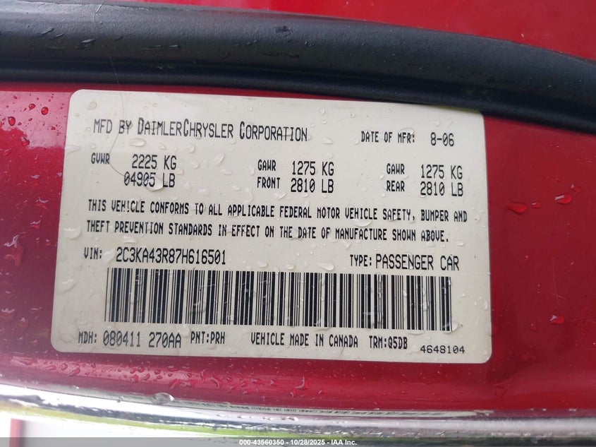 2007 Chrysler 300 VIN: 2C3KA43R87H616501 Lot: 43560350