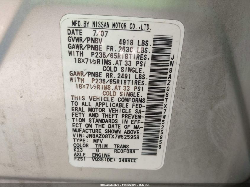 2007 Nissan Murano Sl VIN: JN8AZ08TX7W525958 Lot: 43560379