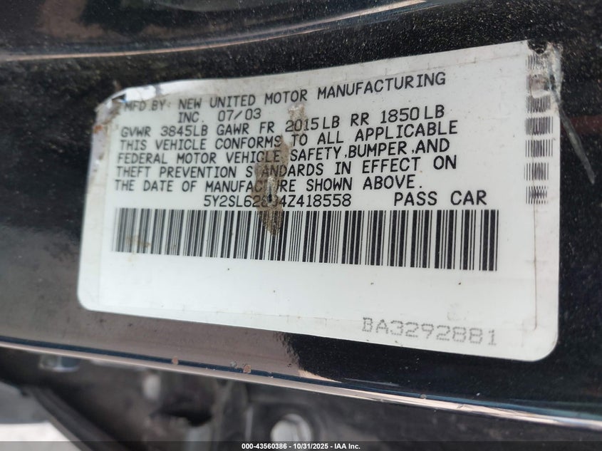 2004 Pontiac Vibe VIN: 5Y2SL62834Z418558 Lot: 43560386