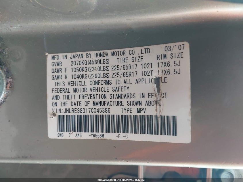 2007 Honda Cr-V Lx VIN: JHLRE38317C045386 Lot: 43560388