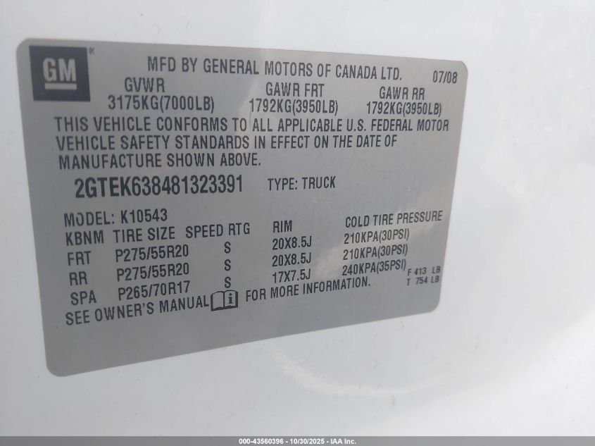 2008 GMC Sierra 1500 Denali VIN: 2GTEK638481323391 Lot: 43560396