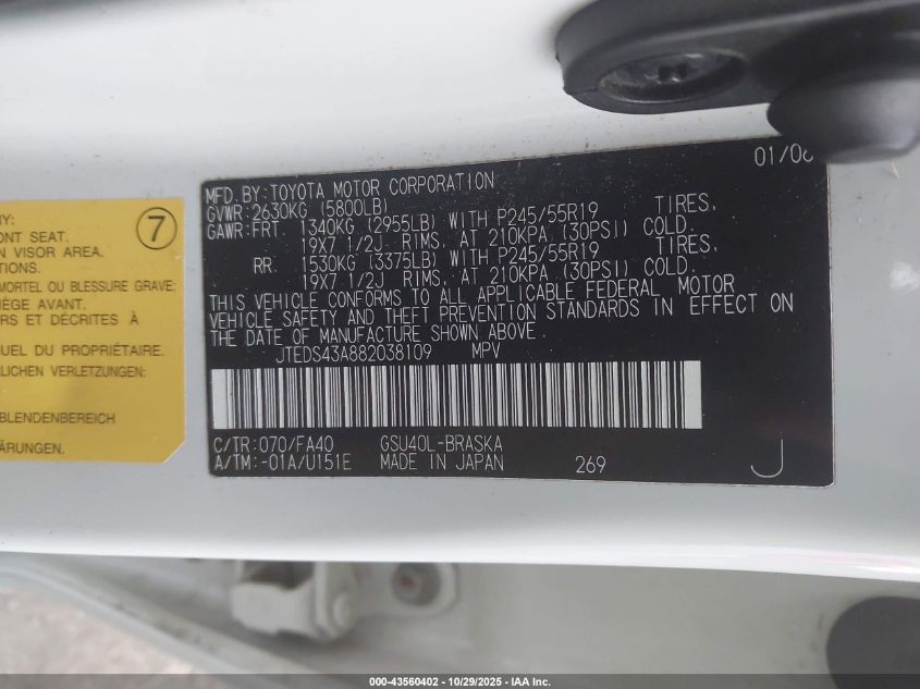 2008 Toyota Highlander Sport VIN: JTEDS43A882038109 Lot: 43560402