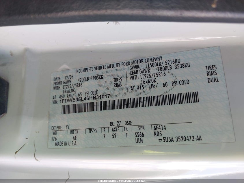 2006 Ford E-350 Cutaway VIN: 1FDWE35L46HB31017 Lot: 43560407