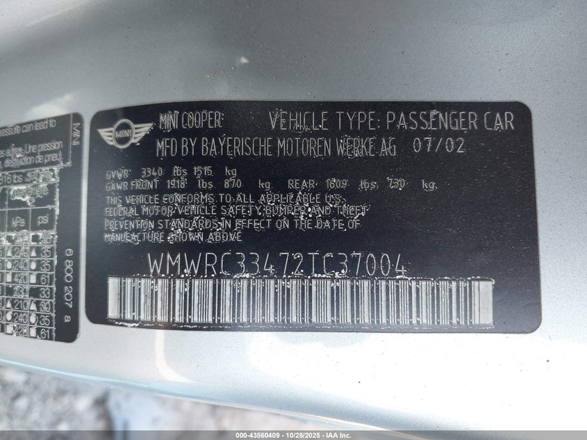 2002 Mini Cooper VIN: WMWRC33472TC37004 Lot: 43560409