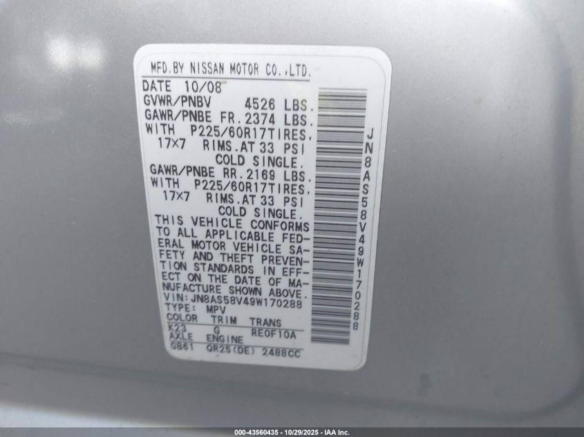 2009 Nissan Rogue Sl VIN: JN8AS58V49W170288 Lot: 43560435