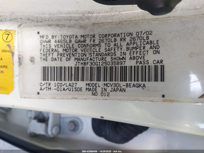 2002 Lexus Es 300 VIN: JTHBF30G125035897 Lot: 43560456