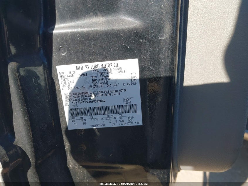 2006 Ford F-150 Lariat/Xlt VIN: 1FTPW12V46KD92862 Lot: 43560475