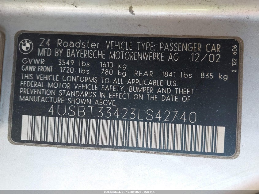 2003 BMW Z4 2.5I VIN: 4USBT33423LS42740 Lot: 43560479