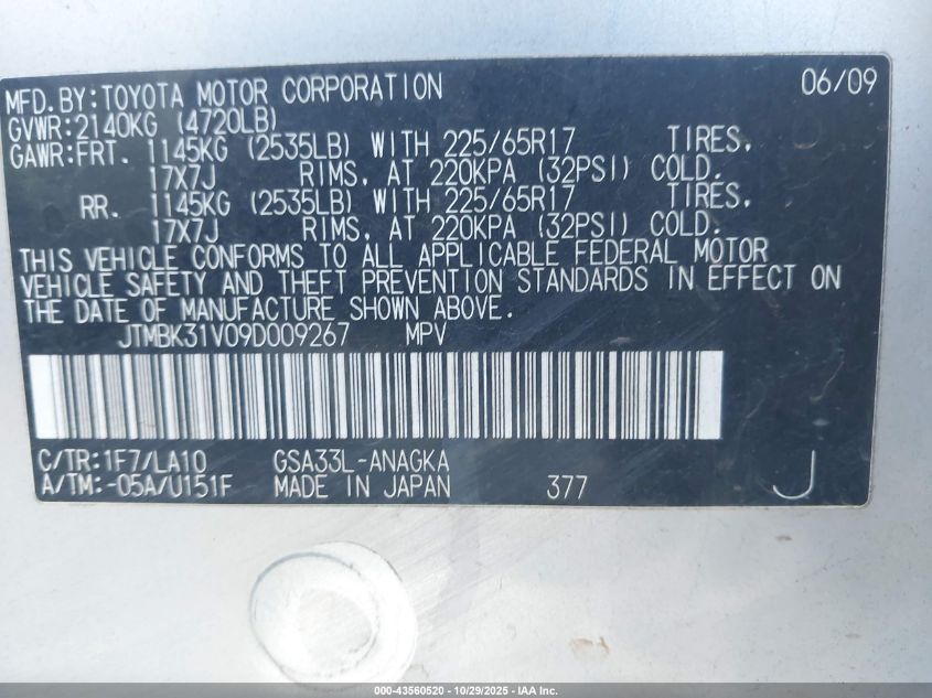 2009 Toyota Rav4 Limited V6 VIN: JTMBK31V09D009267 Lot: 43560520