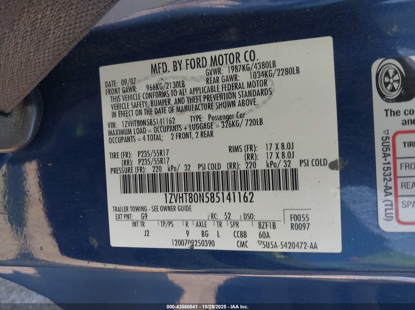 2008 Ford Mustang V6 Deluxe/V6 Premium VIN: 1ZVHT80N585141162 Lot: 43560541