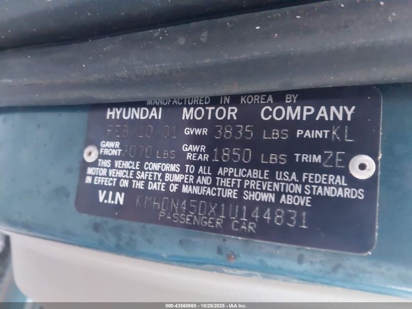 2001 Hyundai Elantra Gls VIN: KMHDN45DX1U144831 Lot: 43560565