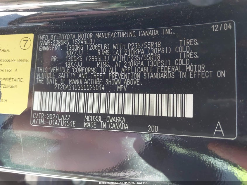 2005 Lexus Rx 330 VIN: 2T2GA31U35C025014 Lot: 43560584