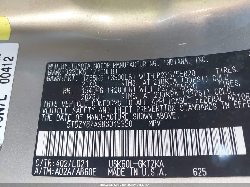 2008 Toyota Sequoia Platinum 5.7L V8 VIN: 5TDZY67A98S015350 Lot: 43560589