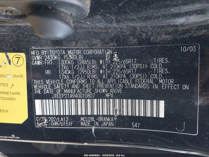 JTEEP21A940010807 2004 TOYOTA HIGHLANDER photo no. 9