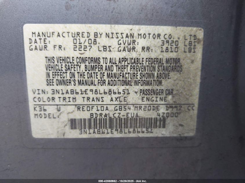 2008 Nissan Sentra 2.0 VIN: 3N1AB61E98L686651 Lot: 43560662