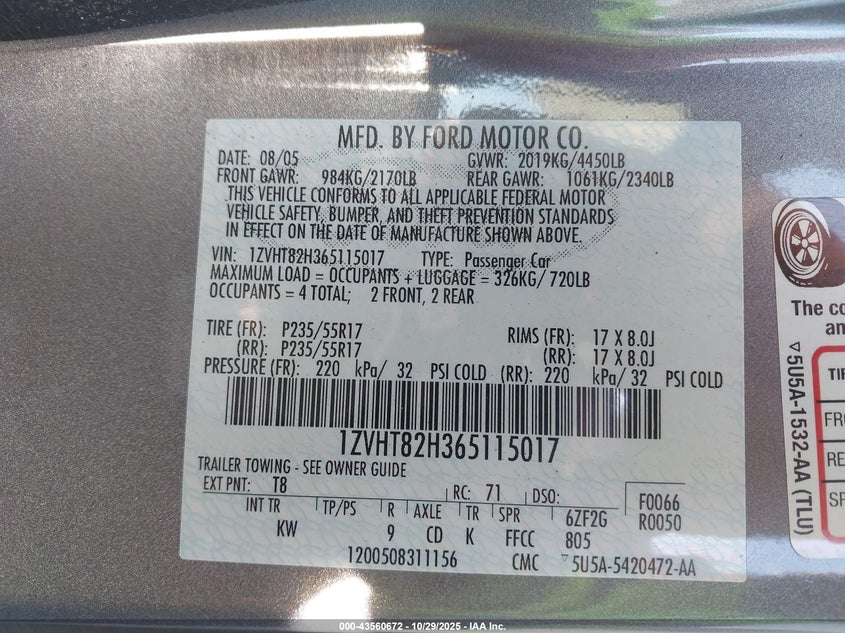 2006 Ford Mustang Gt VIN: 1ZVHT82H365115017 Lot: 43560672