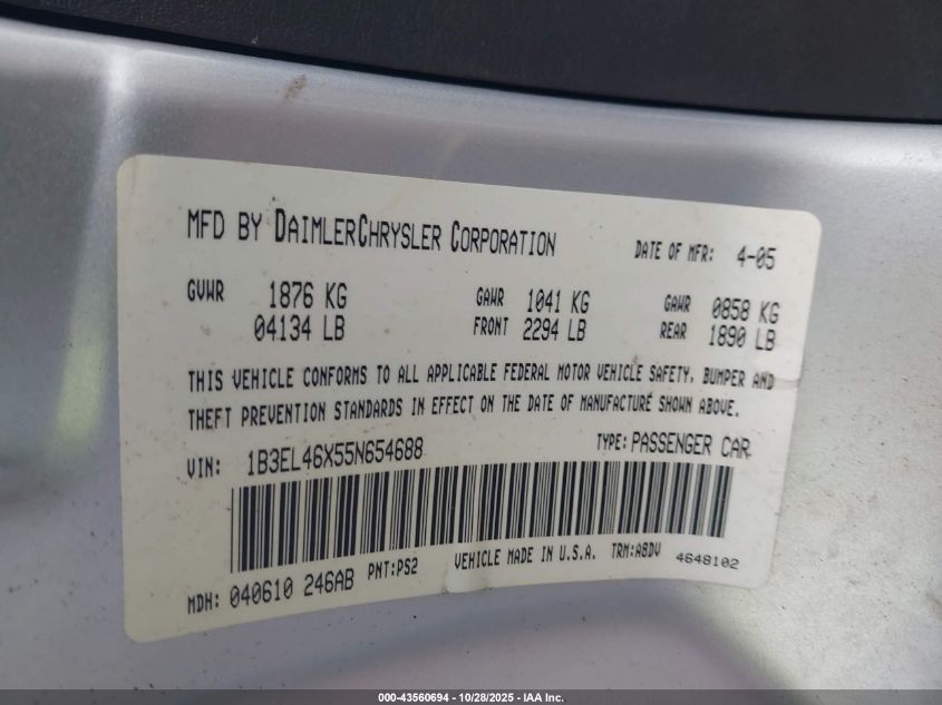 2005 Dodge Stratus Sxt VIN: 1B3EL46X55N654688 Lot: 43560694