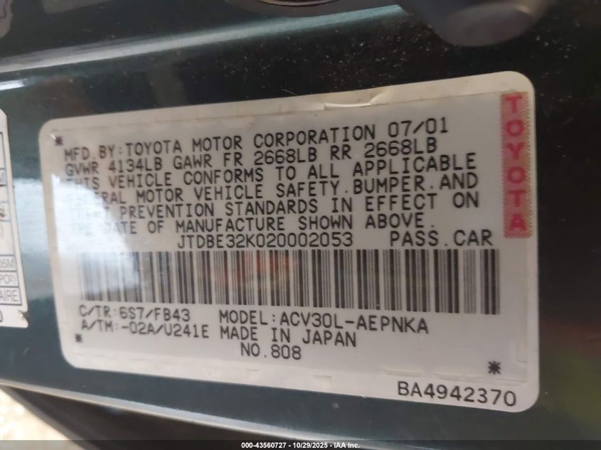 2002 Toyota Camry Le VIN: JTDBE32K020002053 Lot: 43560727