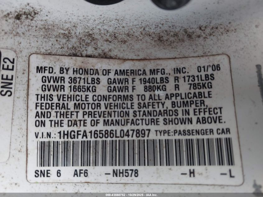 2006 Honda Civic Lx VIN: 1HGFA16586L047897 Lot: 43560752