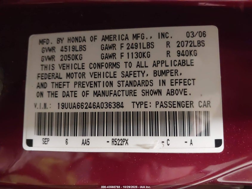2006 Acura Tl VIN: 19UUA66246A036384 Lot: 43560768