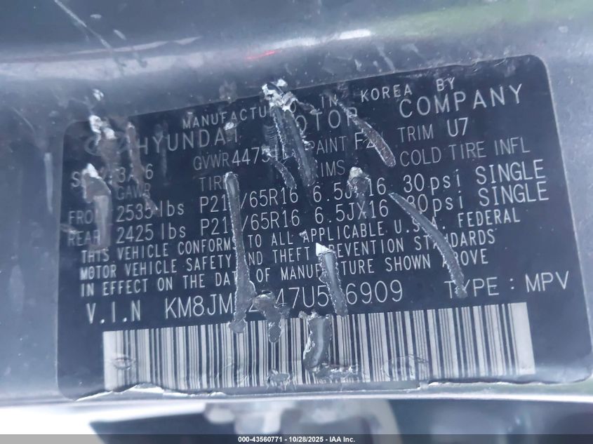 2007 Hyundai Tucson Gls VIN: KM8JM12B47U546909 Lot: 43560771
