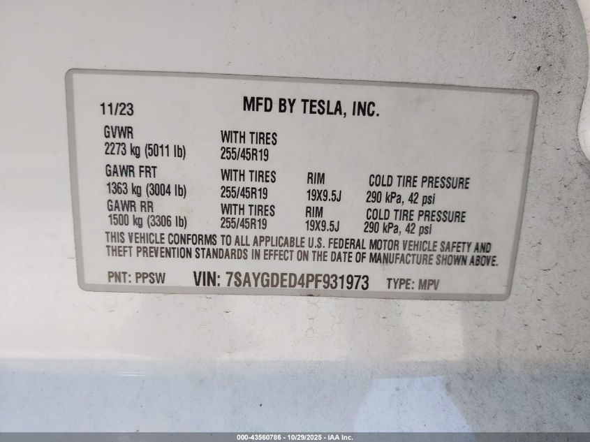 2023 Tesla Model Y Rwd VIN: 7SAYGDED4PF931973 Lot: 43560786
