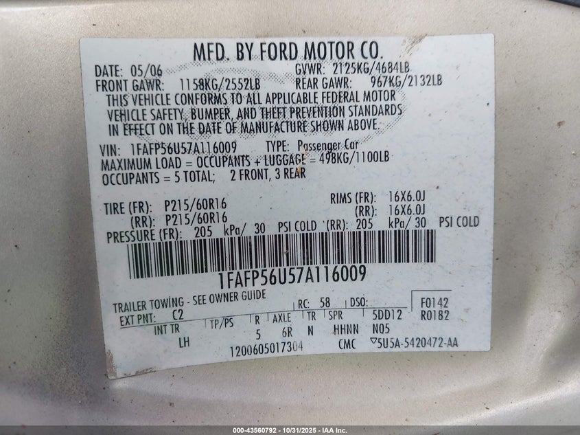 2007 Ford Taurus Sel VIN: 1FAFP56U57A116009 Lot: 43560792