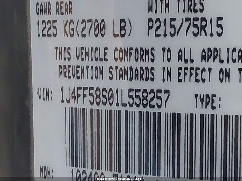 2001 Jeep Cherokee Limited/Sport VIN: 1J4FF58S01L558257 Lot: 43560795