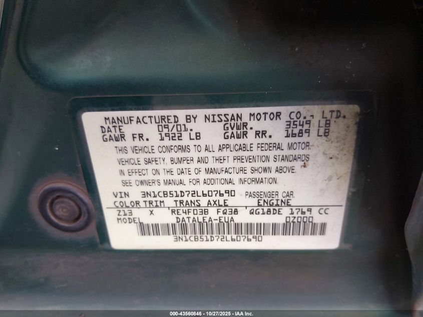 2002 Nissan Sentra Gxe VIN: 3N1CB51D72L607690 Lot: 43560846