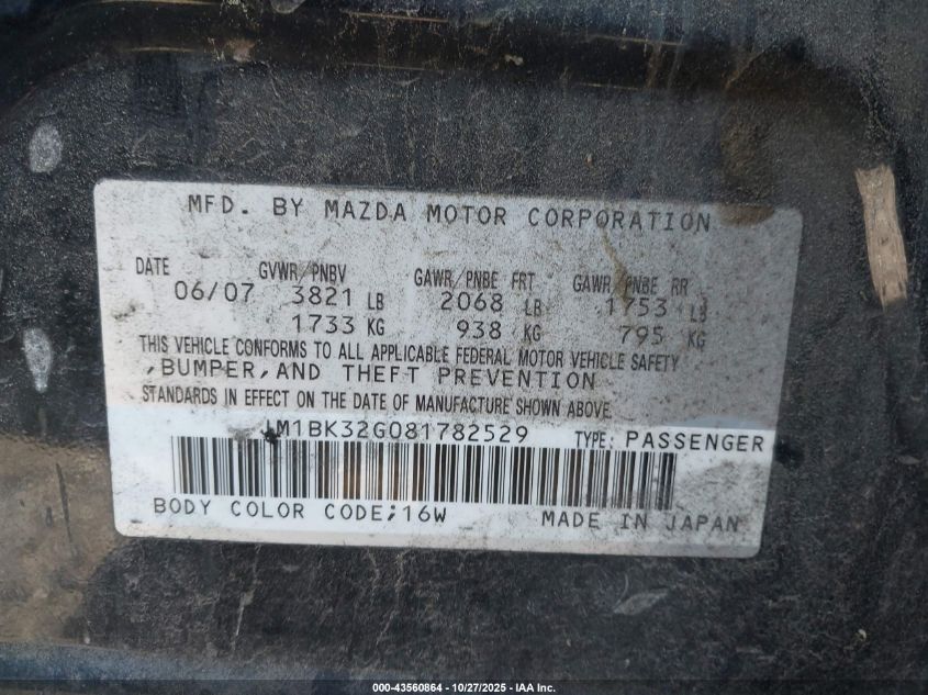 2008 Mazda Mazda3 I VIN: JM1BK32G081782529 Lot: 43560864