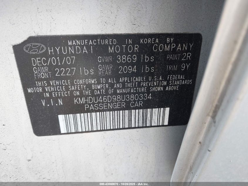 2008 Hyundai Elantra Gls/Se VIN: KMHDU46D98U380334 Lot: 43560870