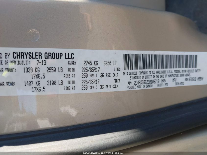 2014 Dodge Grand Caravan Se VIN: 2C4RDGBG2ER106719 Lot: 43560873