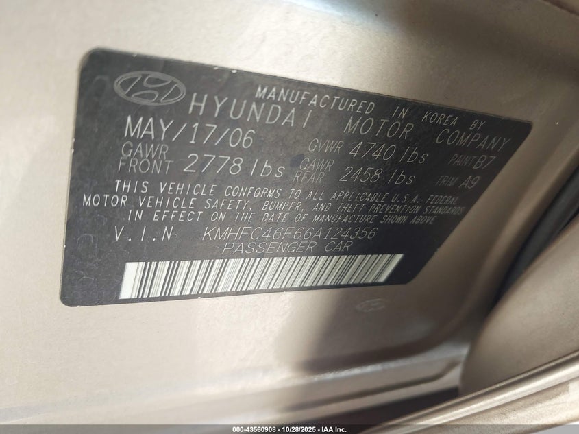 2006 Hyundai Azera Limited/Se VIN: KMHFC46F66A124356 Lot: 43560908