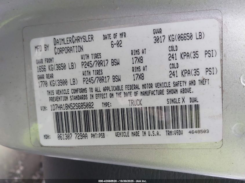 2002 Dodge Ram 1500 St VIN: 1D7HA18N52S685082 Lot: 43560928