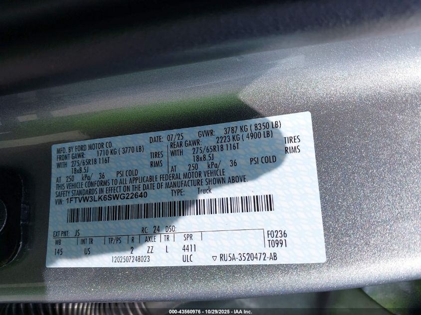 2025 Ford F-150 Lightning Xlt VIN: 1FTVW3LK6SWG22640 Lot: 43560976
