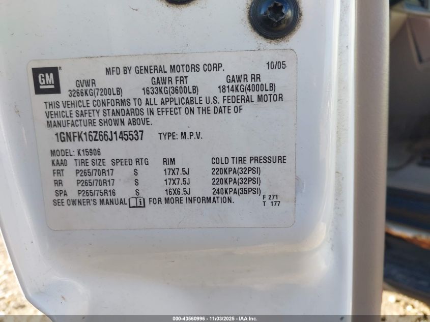 2006 Chevrolet Suburban 1500 Lt VIN: 1GNFK16Z66J145537 Lot: 43560996