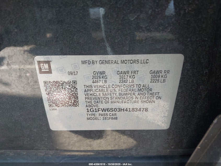 2017 Chevrolet Bolt Ev Lt VIN: 1G1FW6S03H4183478 Lot: 43561018