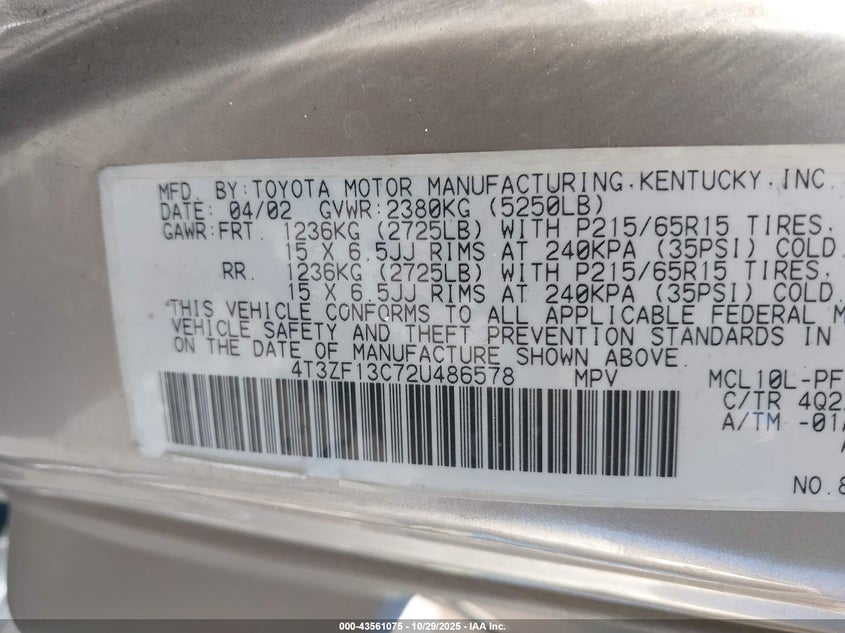 2002 Toyota Sienna Le VIN: 4T3ZF13C72U486578 Lot: 43561075