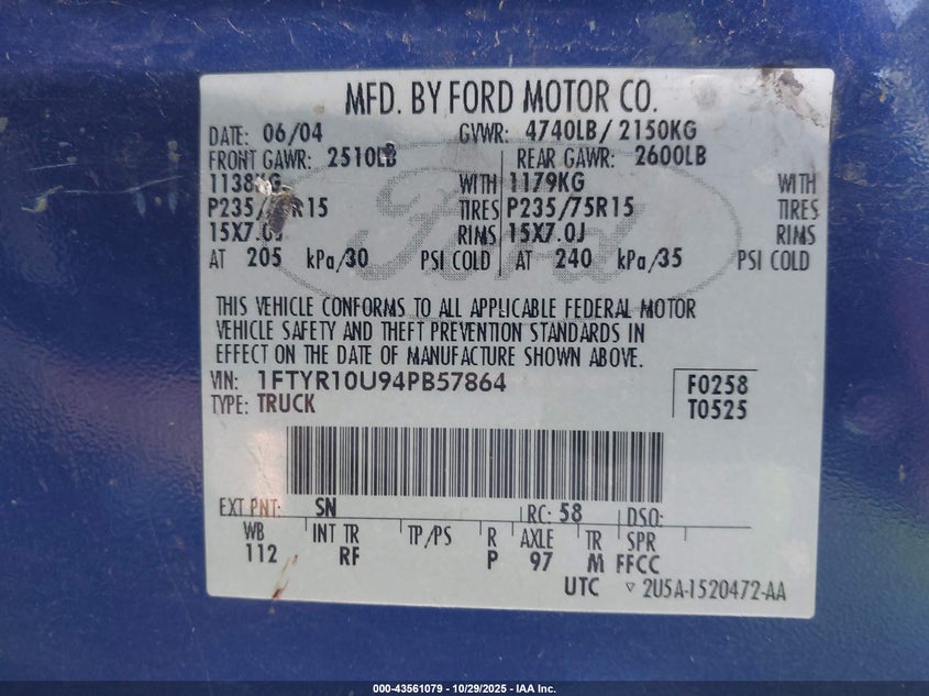 2004 Ford Ranger Edge/Xl/Xlt VIN: 1FTYR10U94PB57864 Lot: 43561079