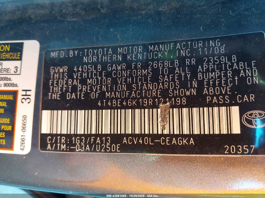 2009 Toyota Camry Xle VIN: 4T4BE46K19R121198 Lot: 43561088