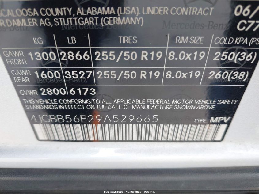 2009 Mercedes-Benz Ml 350 VIN: 4JGBB56E29A529665 Lot: 43561090