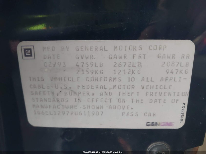 1993 Cadillac Eldorado Touring VIN: 1G6EL1297PU611907 Lot: 43561092