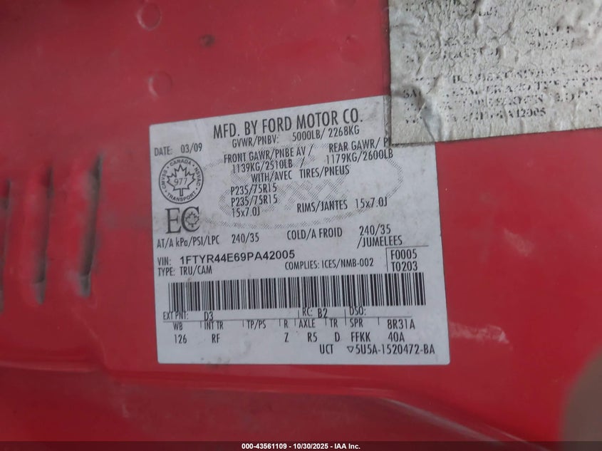 2009 Ford Ranger Sport VIN: 1FTYR44E69PA42005 Lot: 43561109