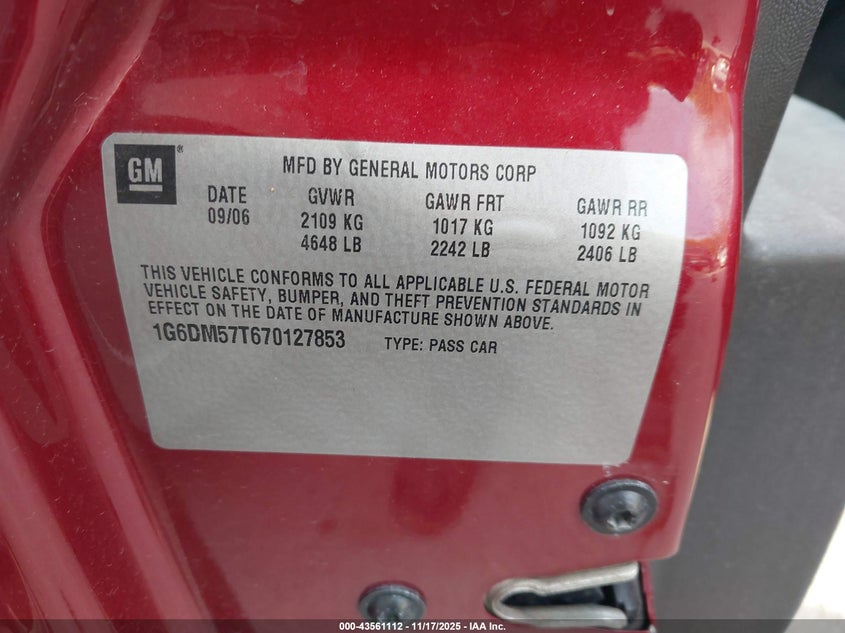 2007 Cadillac Cts Standard VIN: 1G6DM57T670127853 Lot: 43561112