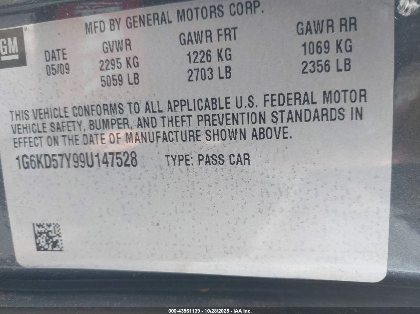 2009 Cadillac Dts 1Sc VIN: 1G6KD57Y99U147528 Lot: 43561139