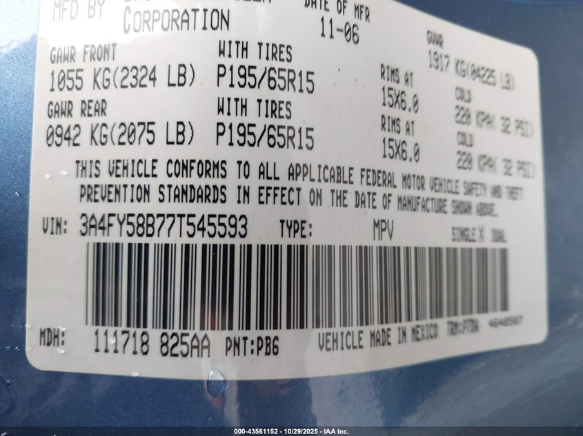 2007 Chrysler Pt Cruiser Touring VIN: 3A4FY58B77T545593 Lot: 43561152